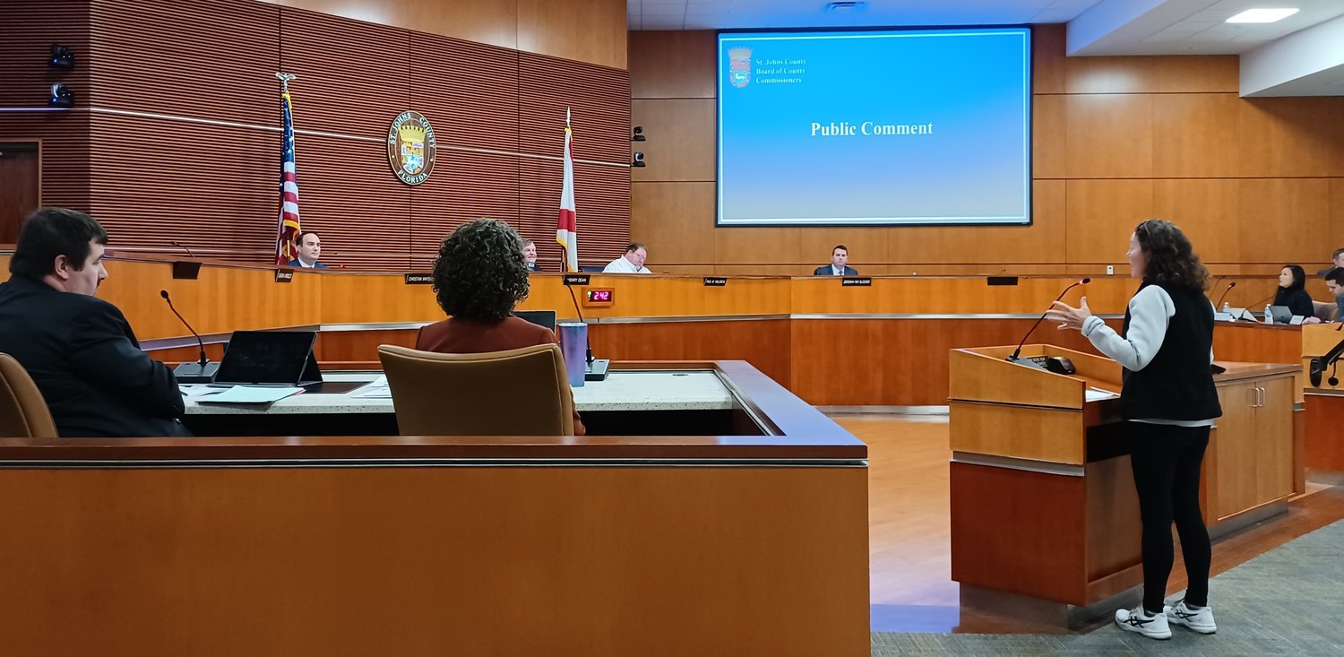 Katherine Sanborn of Ponte Vedra Beach addresses the St. Johns County Board of County Commissioners during a public workshop on growth.